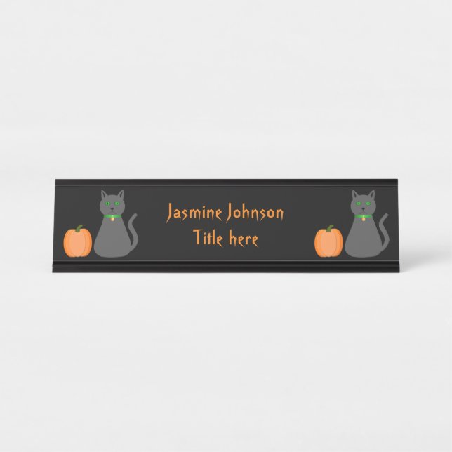 Cute Halloween Cat and Pumpkin Custom Desk Name Plate (Front)