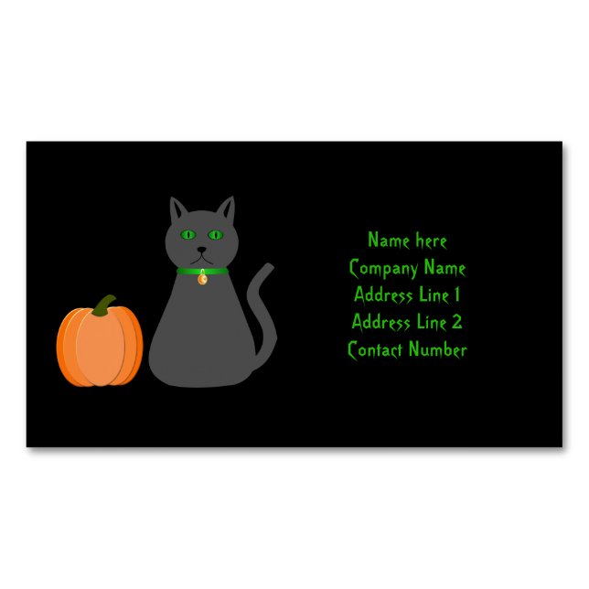 Cute Halloween Cat and Pumpkin Custom Magnetic Business Card (Front)