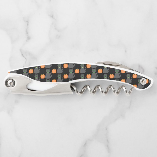 Cute Halloween Cat and Pumpkin Custom Name Corkscrew (Front)