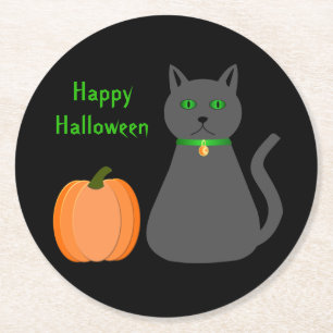 Cute Halloween Cat and Pumpkin Custom Round Paper Coaster
