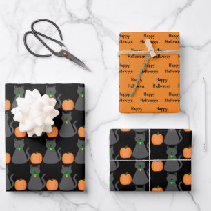 Cute Halloween Cat and Pumpkin Custom Wrapping Paper Sheet
