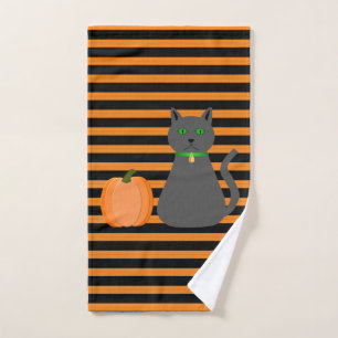 Cute Halloween Cat and Pumpkin Hand Towel