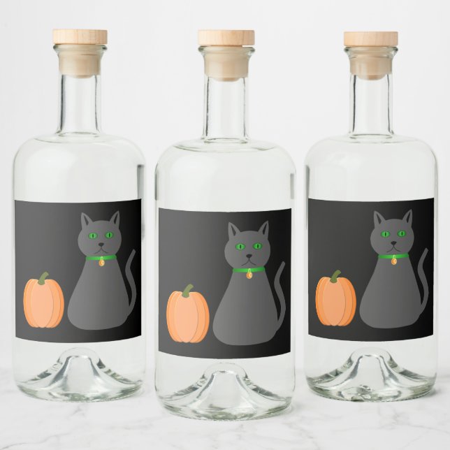 Cute Halloween Cat and Pumpkin Liquor Bottle Label (Bottles)