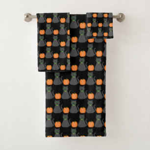 Cute Halloween Cat and Pumpkin Patterned Bath Towel Set