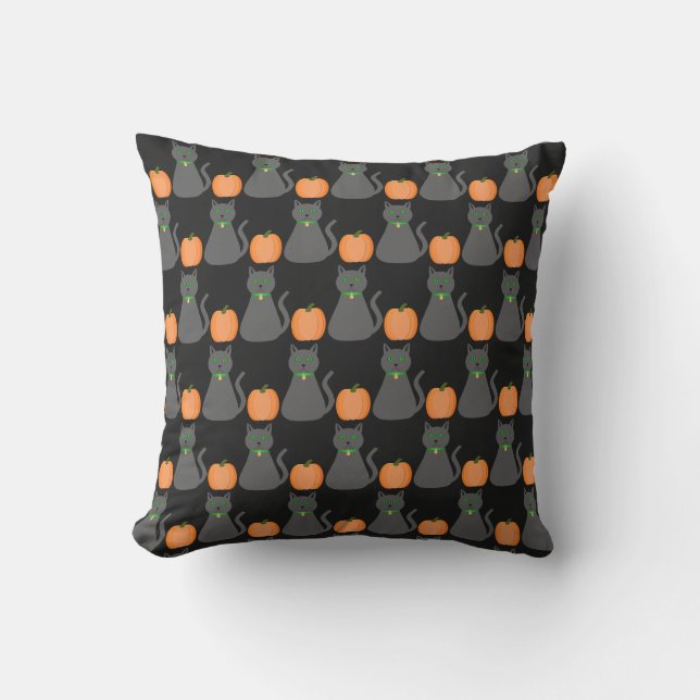 Cute Halloween Cat and Pumpkin Patterned Cushion (Front)