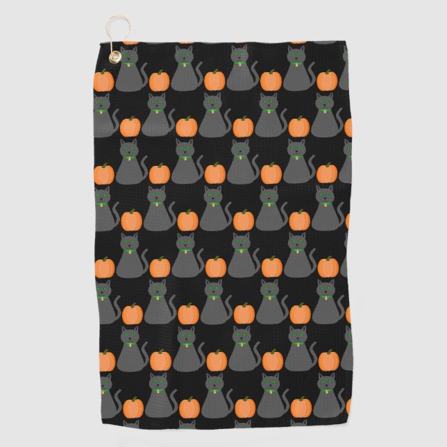 Cute Halloween Cat and Pumpkin Patterned Golf Towel (Front)