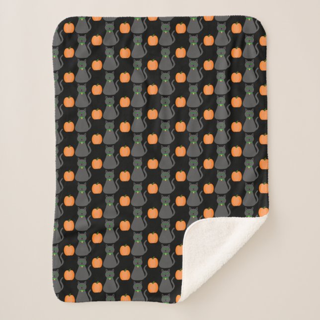 Cute Halloween Cat and Pumpkin Patterned Sherpa Blanket (Front)