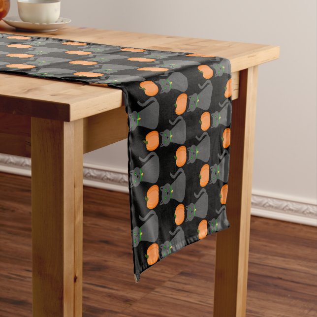 Cute Halloween Cat and Pumpkin Patterned Short Table Runner (In Situ)