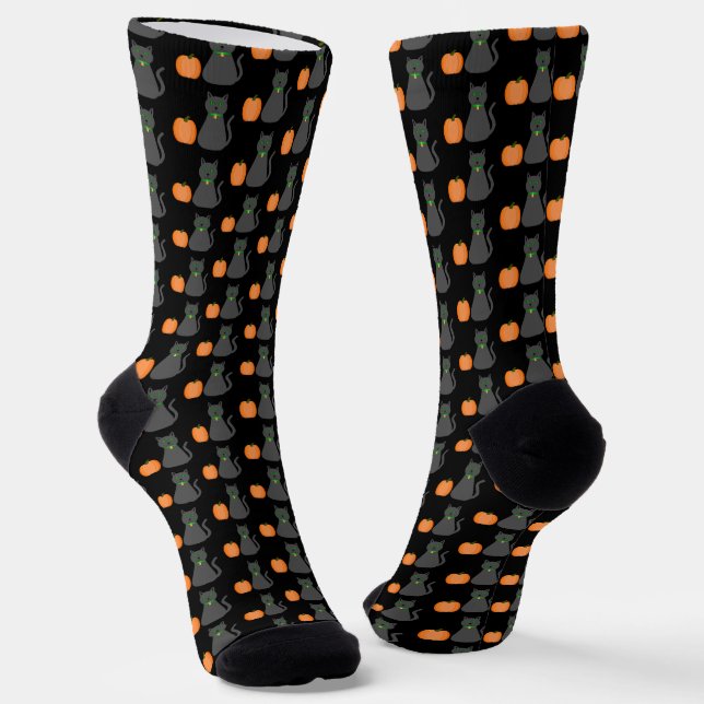Cute Halloween Cat and Pumpkin Patterned Socks (Angled)