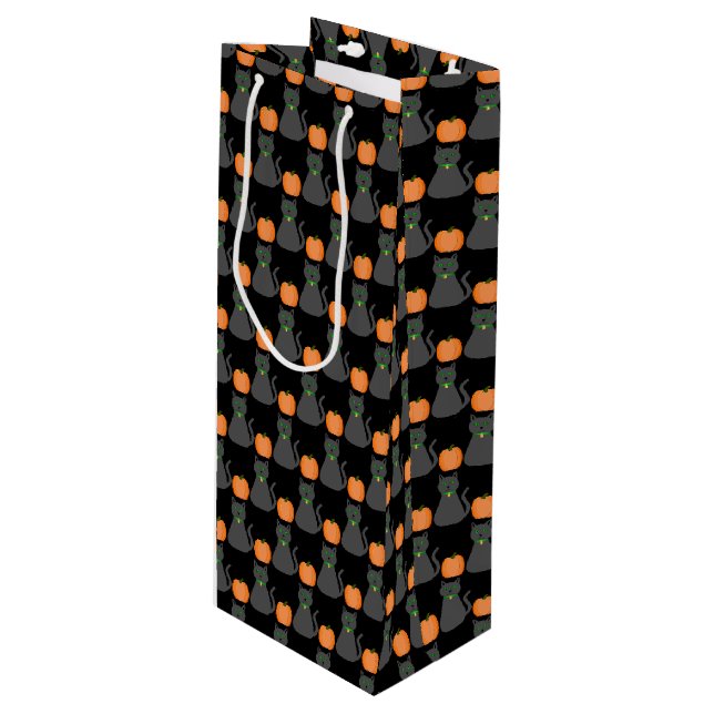 Cute Halloween Cat and Pumpkin Patterned Wine Gift Bag (Front Angled)