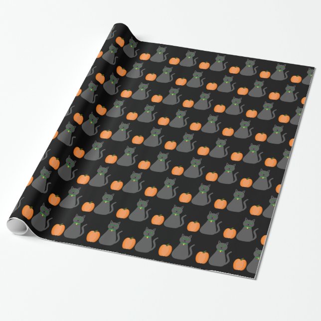 Cute Halloween Cat and Pumpkin Patterned Wrapping Paper (Unrolled)