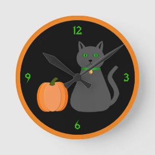 Cute Halloween Cat and Pumpkin Round Clock