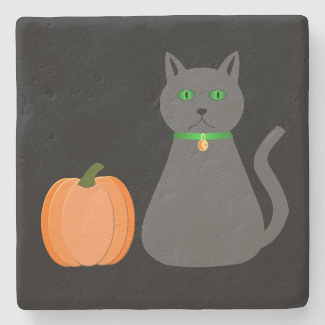 Cute Halloween Cat and Pumpkin Stone Coaster (Front)