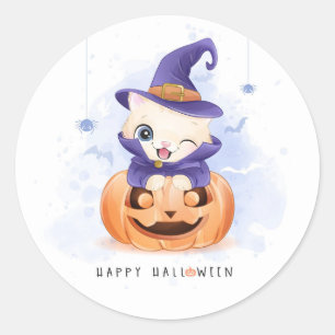 Cute Halloween Cat and Spider Classic Round Sticker