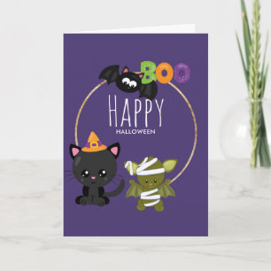 Cute Halloween Cat, Bat & Mummy Boo Card