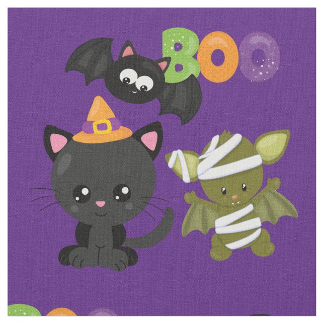 Cute Halloween Cat, Bat & Mummy Boo Fabric (Close Up)