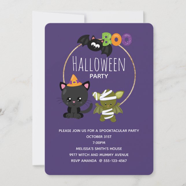 Cute Halloween Cat, Bat & Mummy Boo Invitation (Front)