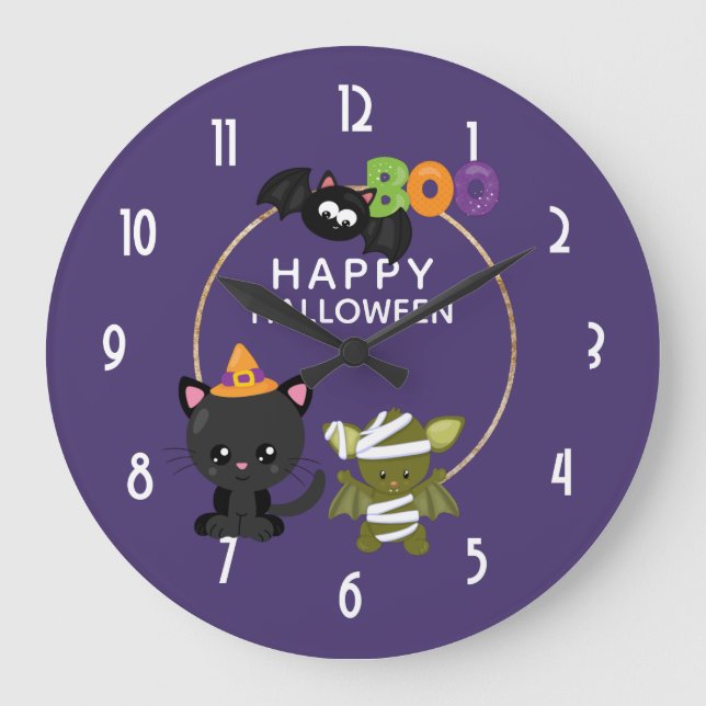 Cute Halloween Cat, Bat & Mummy Boo Large Clock (Front)