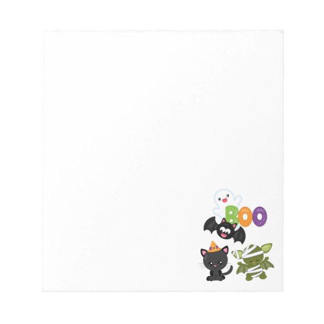 Cute Halloween Cat, Bat & Mummy Boo Notepad (Front)