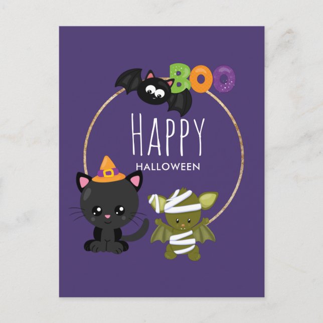 Cute Halloween Cat, Bat & Mummy Boo Postcard (Front)