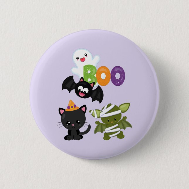 Cute Halloween Cat, Bat, Mummy & Ghost 6 Cm Round Badge (Front)
