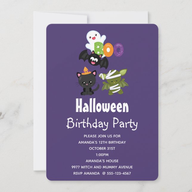Cute Halloween Cat, Bat, Mummy & Ghost Birthday Invitation (Front)