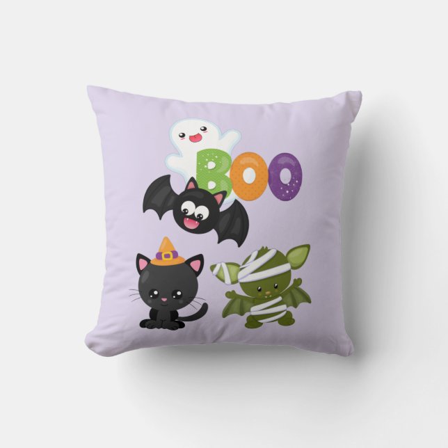 Cute Halloween Cat, Bat, Mummy & Ghost Cushion (Front)