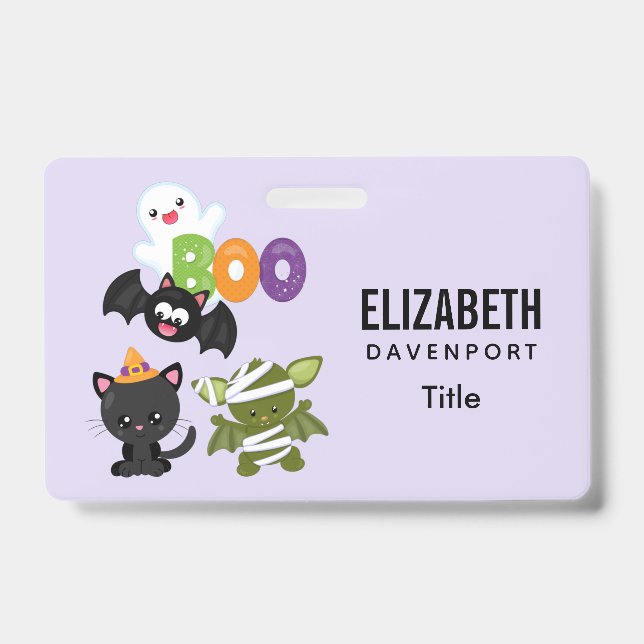 Cute Halloween Cat, Bat, Mummy & Ghost ID Badge (Front)