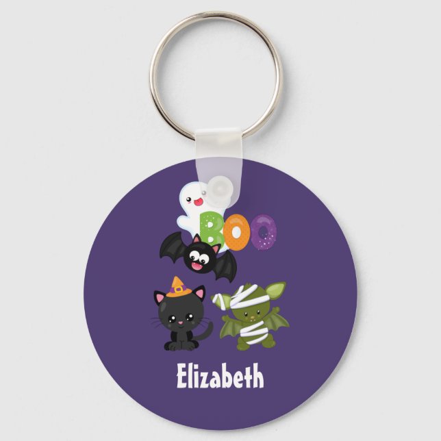 Cute Halloween Cat, Bat, Mummy & Ghost Key Ring (Front)
