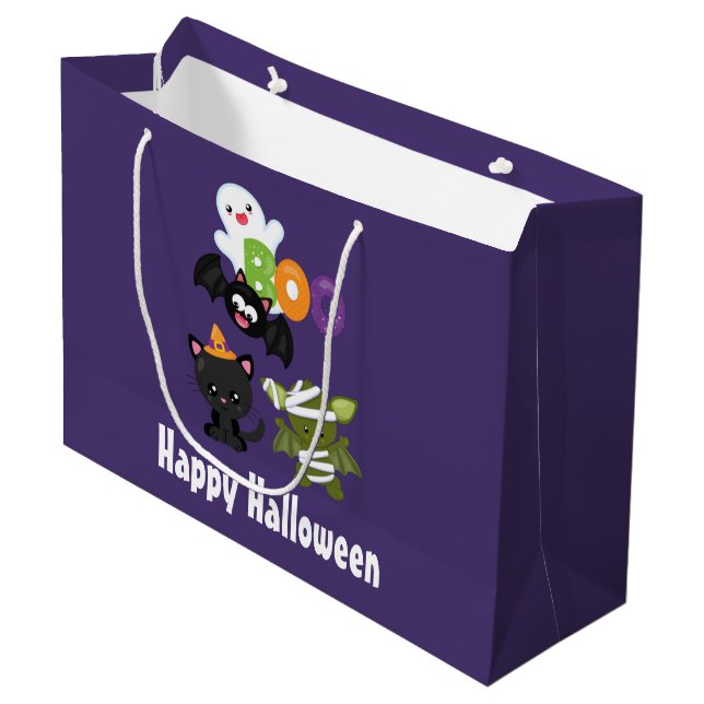 Cute Halloween Cat, Bat, Mummy & Ghost Large Gift Bag (Front Angled)