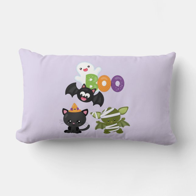 Cute Halloween Cat, Bat, Mummy & Ghost Lumbar Cushion (Front)