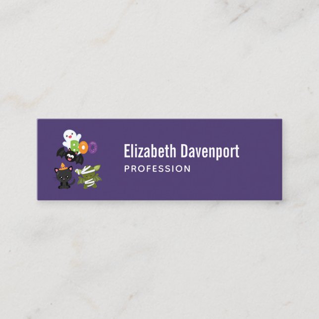 Cute Halloween Cat, Bat, Mummy & Ghost Mini Business Card (Front)