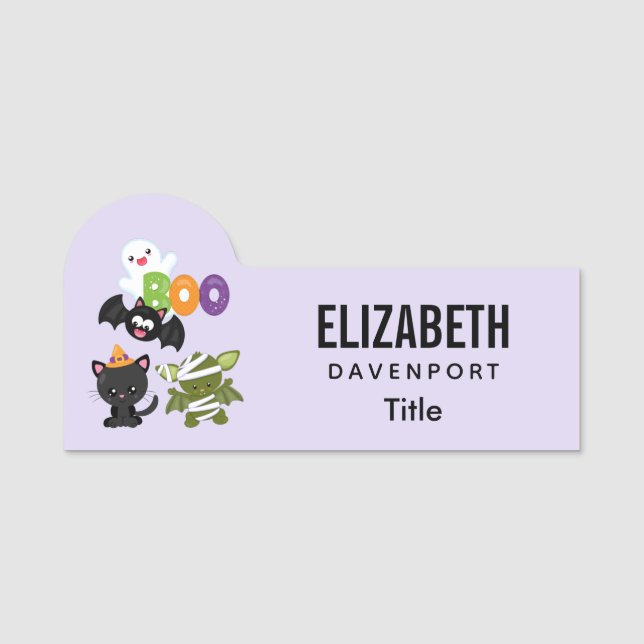 Cute Halloween Cat, Bat, Mummy & Ghost Name Tag (Front)