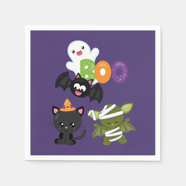 Cute Halloween Cat, Bat, Mummy & Ghost Napkin (Front)