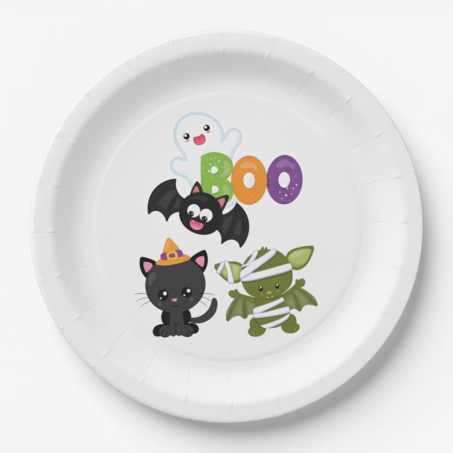Cute Halloween Cat, Bat, Mummy & Ghost Paper Plate (Front)