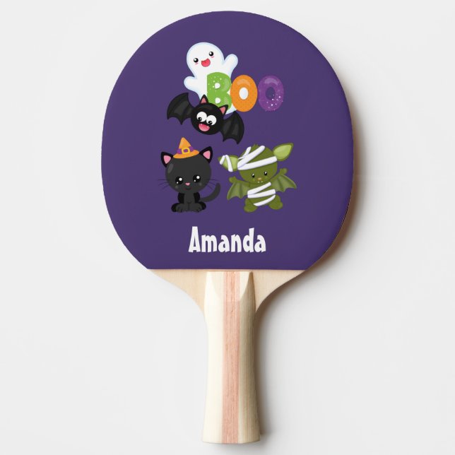 Cute Halloween Cat, Bat, Mummy & Ghost Ping Pong Paddle (Front)