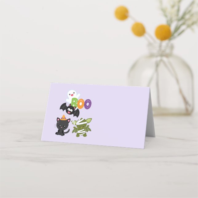 Cute Halloween Cat, Bat, Mummy & Ghost Place Card (Front)