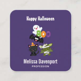 Cute Halloween Cat, Bat, Mummy & Ghost Square Business Card