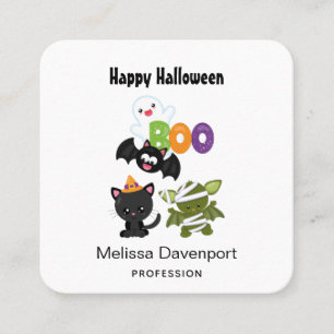 Cute Halloween Cat, Bat, Mummy & Ghost Square Business Card