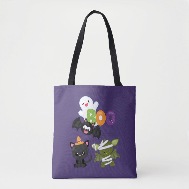 Cute Halloween Cat, Bat, Mummy & Ghost Tote Bag (Front)