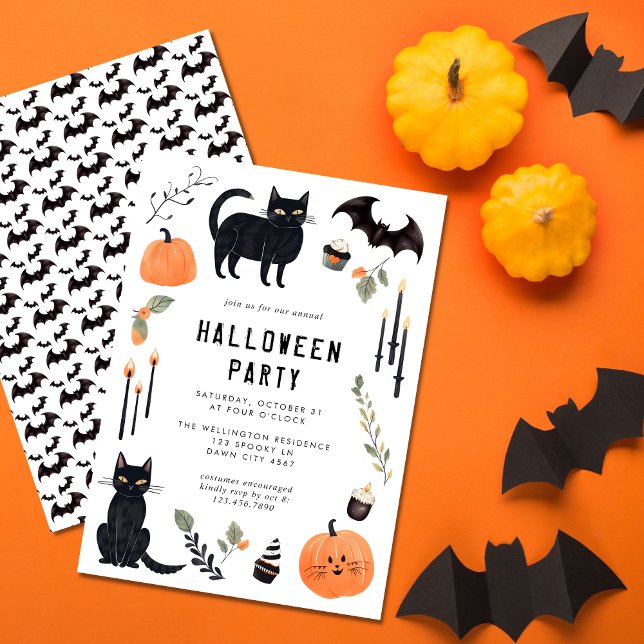 Cute Halloween Cat Bat Pumpkin Party Invitation (Creator Uploaded)