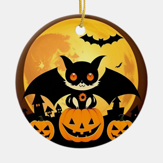 Cute Halloween Cat Character with Pumpkins Ceramic Ornament (Front)