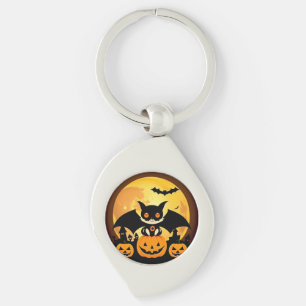 Cute Halloween Cat Character with Pumpkins Key Ring