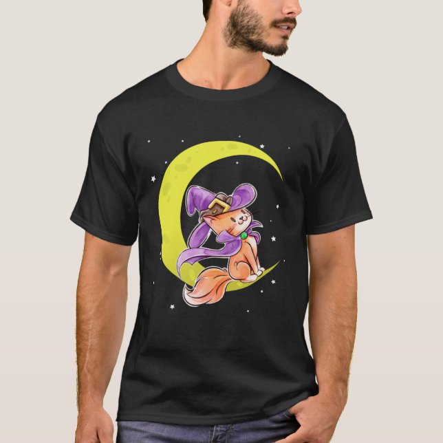 Cute Halloween Cat Costume Witch Hat and Moon T-Shirt (Front)