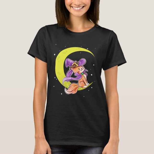 Cute Halloween Cat Costume Witch Hat and Moon T-Shirt (Front)
