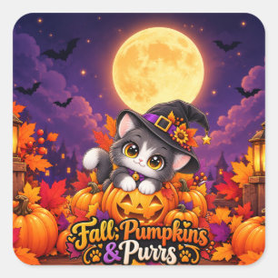 Cute Halloween Cat Fall Pumpkins and Purrs Square Sticker