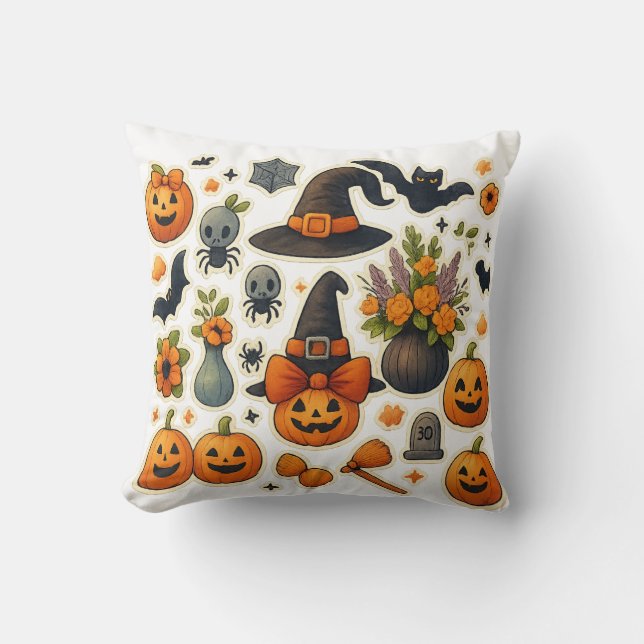 Cute Halloween Cat & Ghost Throw Pillow – Spooky C (Front)