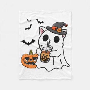 Cute Halloween Cat In Ghost Costume Drinking Bo Te Fleece Blanket