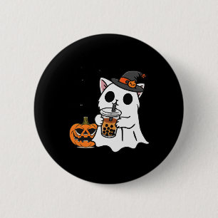 Cute Halloween Cat In Ghost Costume Drinking Boba 6 Cm Round Badge