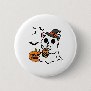 Cute Halloween Cat In Ghost Costume Drinking Boba 6 Cm Round Badge